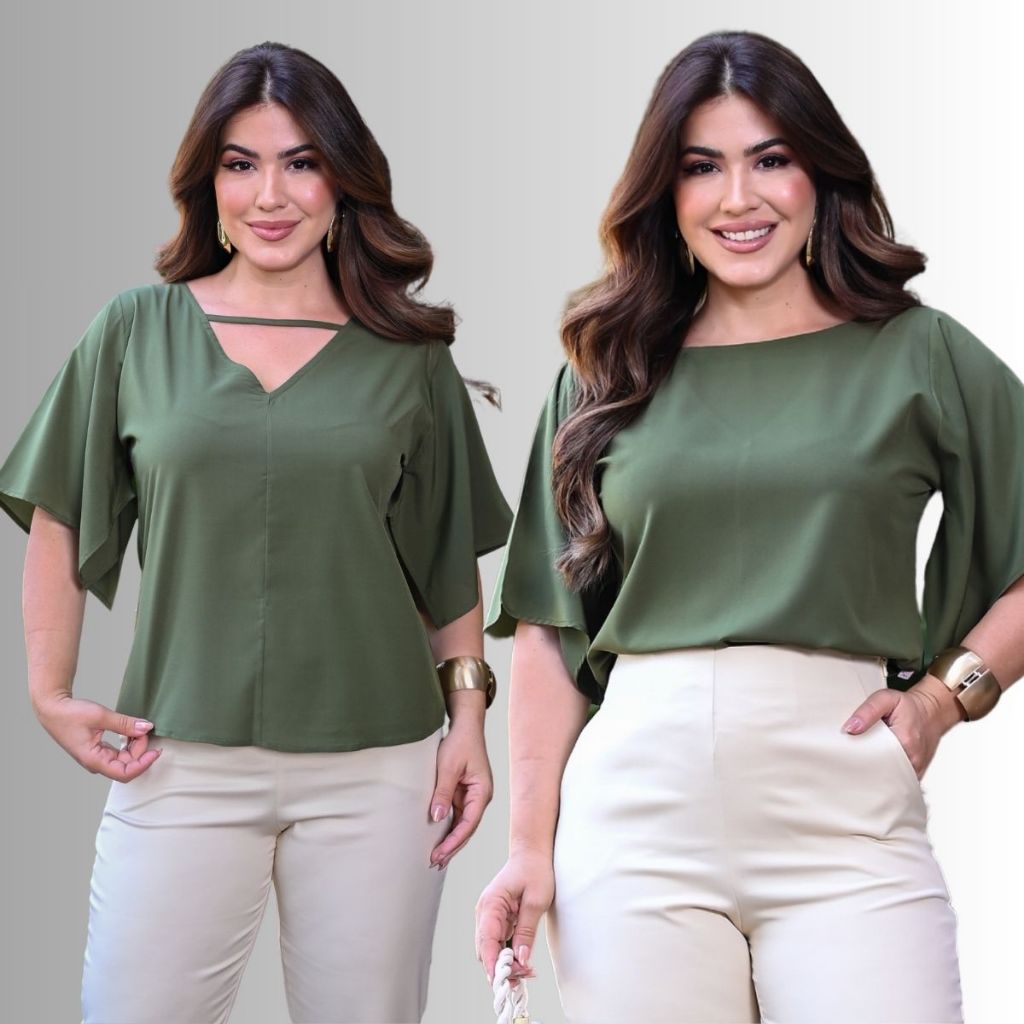 Blusa Blusinha Lisa Decote V Confortável  Manga Maior Feminina Estampada Versátil