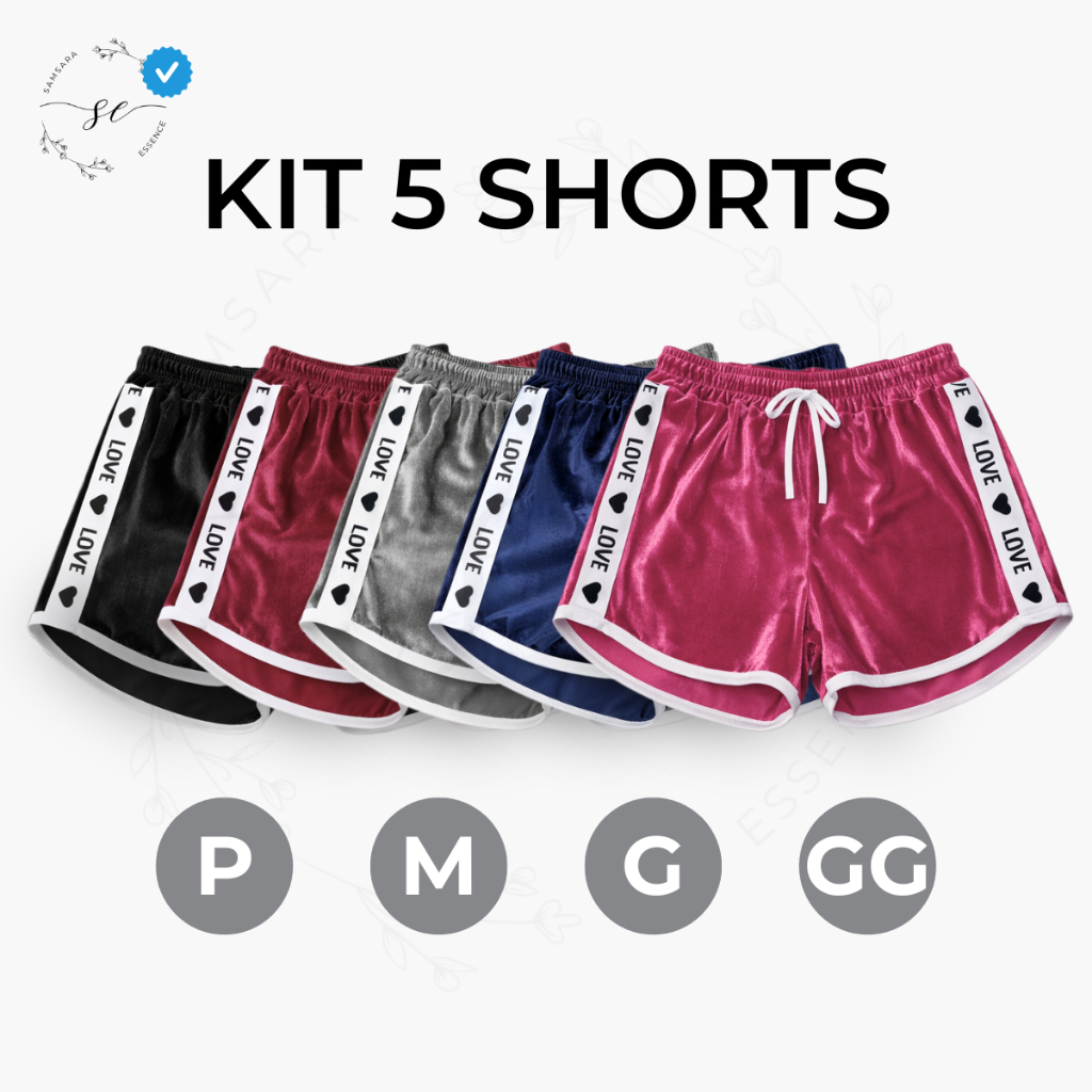 Kit 05 Short Feminino Love em Veludo Cintura com Elástico Super Confortável em Oferta na Shopee