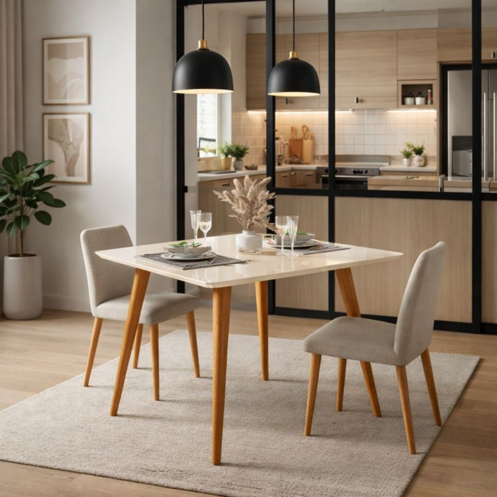 Mesa De Jantar Quadrada Pequena 4 Lugares Sala Jantar Cozinha Apartamento 90x90cm Pés Palito Bege