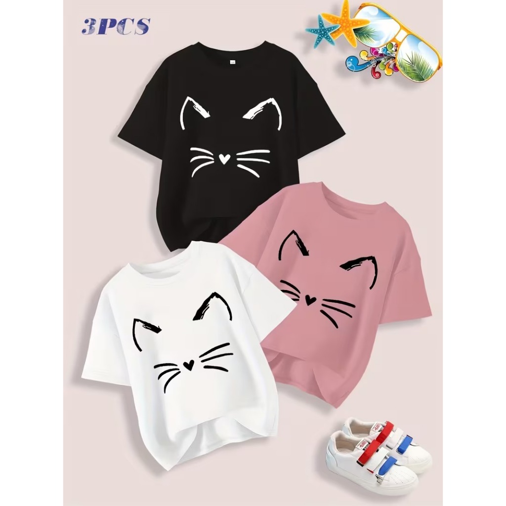 Kit 3  Camiseta Infantil Menina Algodão Básica  Estampada Gatinho Modinha Kits Juvenil Looks Cleans em Oferta na Shopee