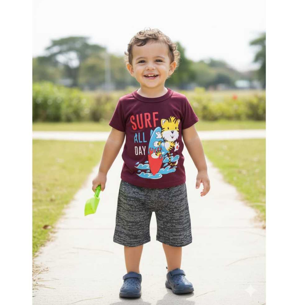 Conjunto Menino Verão Manga Curta Uma Blusa e Um Short Cores e Estampas Sortidas Tamanhos 01 ao 08