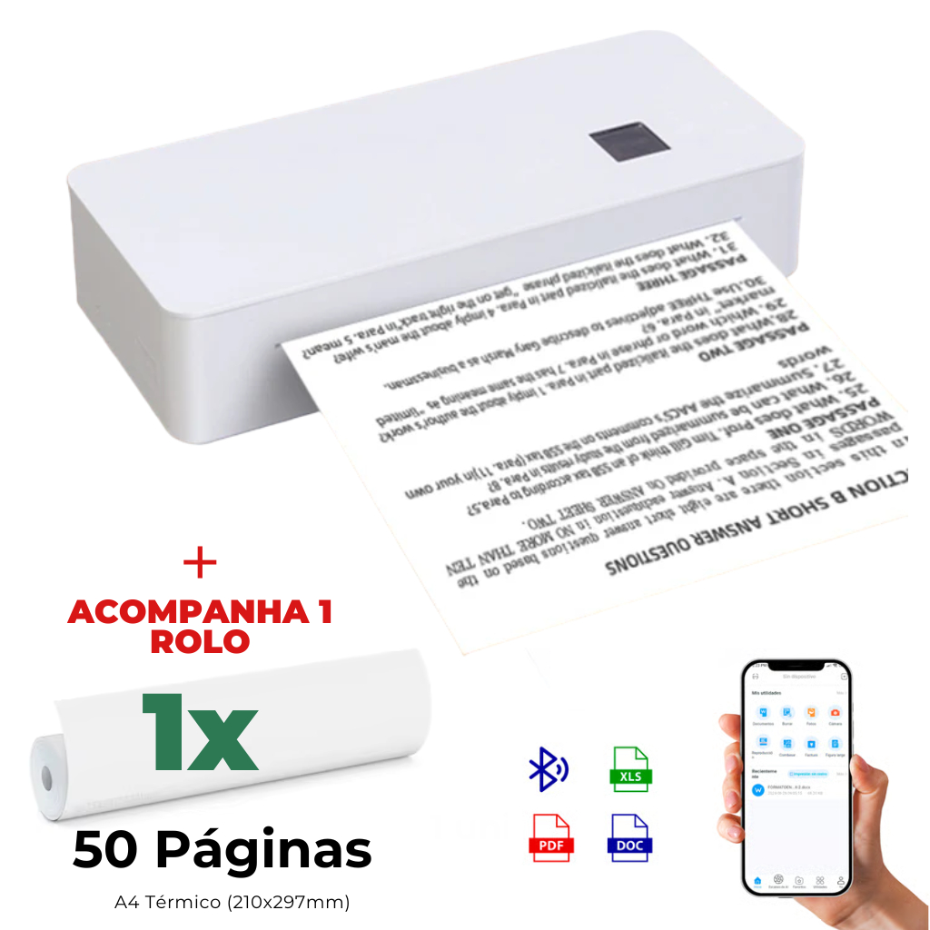 Impressora Térmica Portátil A4 + Kit 1 rolo A4 Impressão Bluetooth Android e iOS