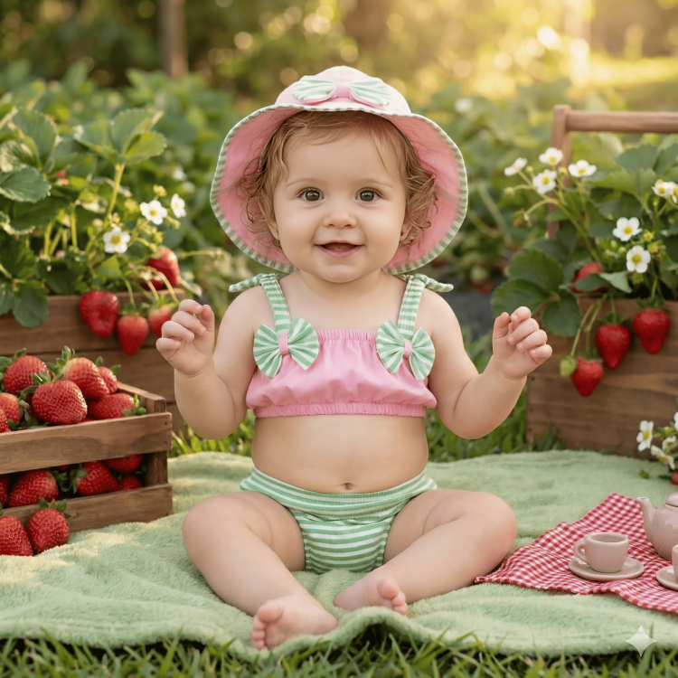 Banho de Sol Mar Piscina Roupa Infantil Conjunto Moranguinho Morango Menina Bebê Vitamina D Fruta