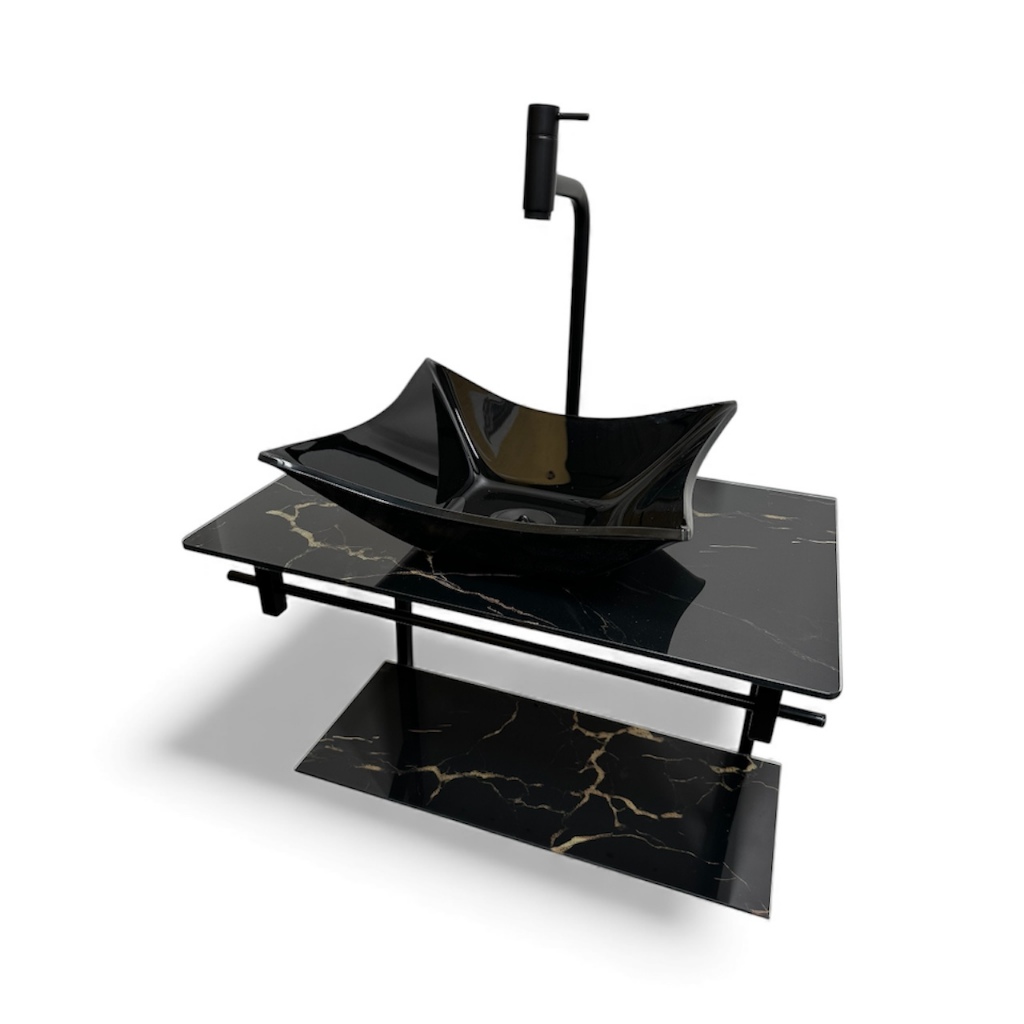 Kit Lavatório De Vidro 60x35cm - Marmorizado Preto E Dourado em Oferta na Shopee