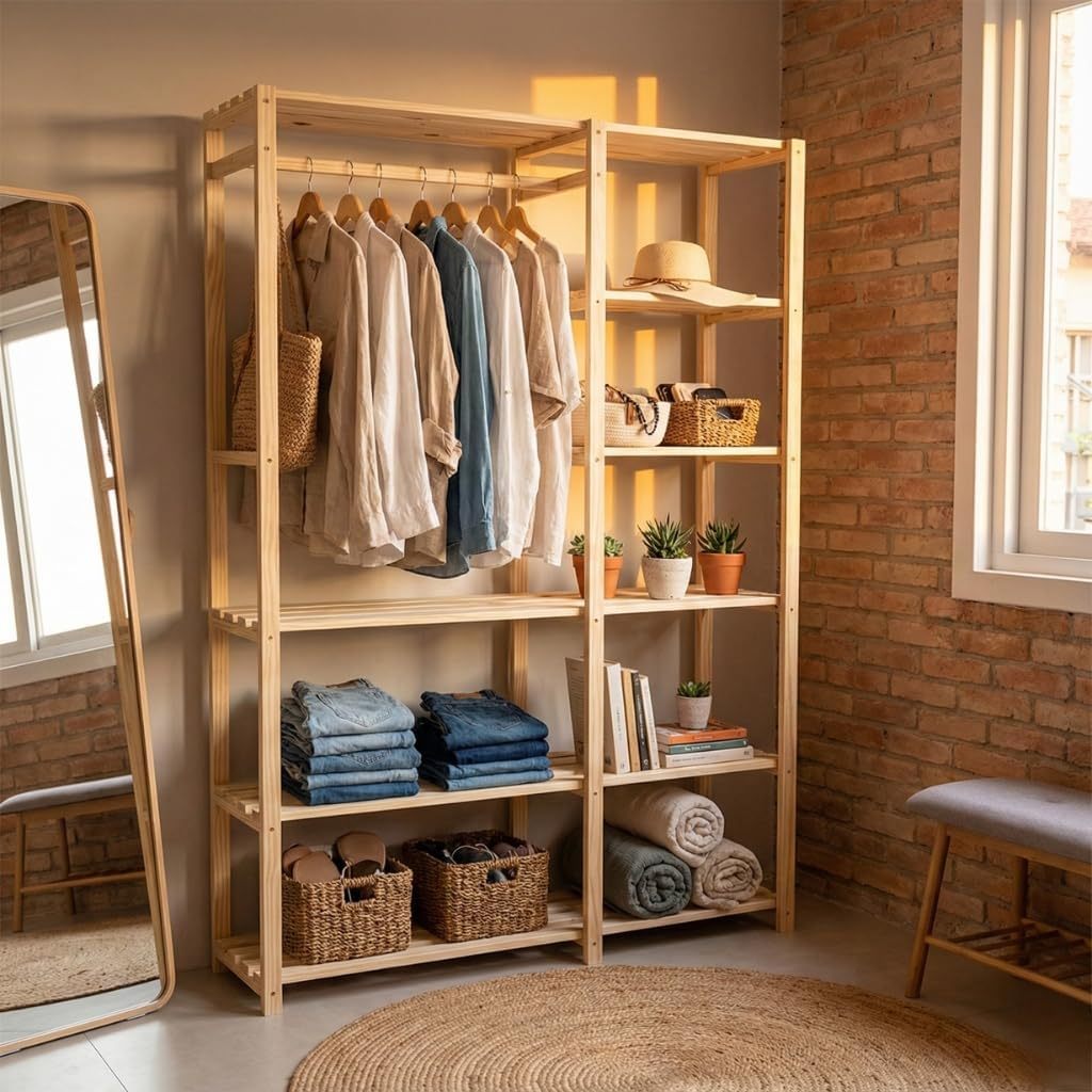 Kit Closet Econômico Madeira | Arara + Estante Multiuso