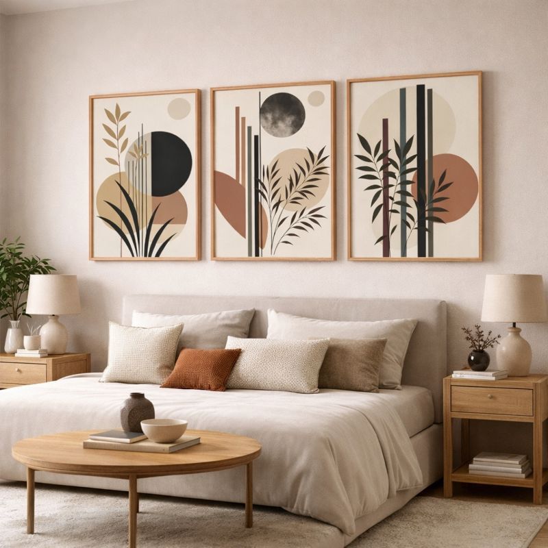 Kit 3 Quadros Decorativos Folhagem Terracota Com Moldura 50x70 Grande Para Sala Quarto Escritório