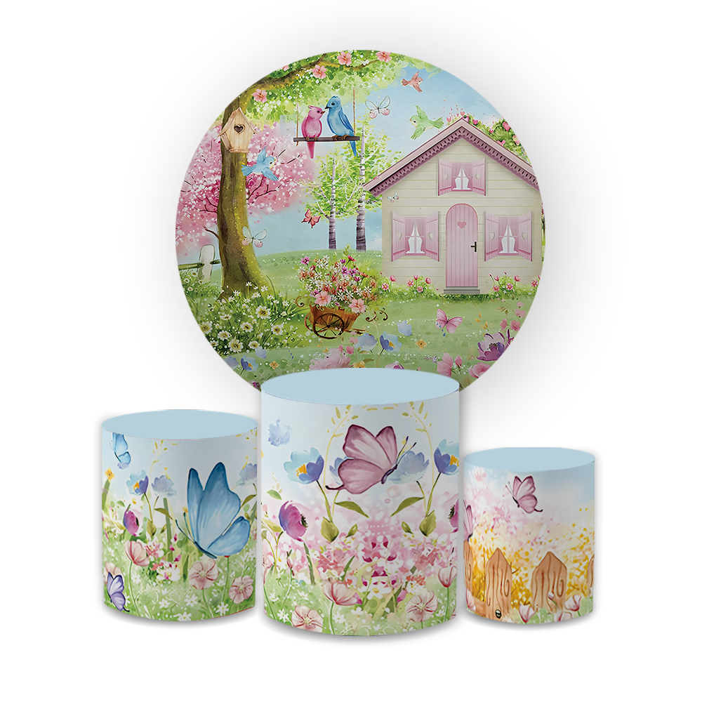 Kit Capa Painel Redondo + Trio Cilindro Festa Infantil Borboletas Meninas Tema Jardim Encantado