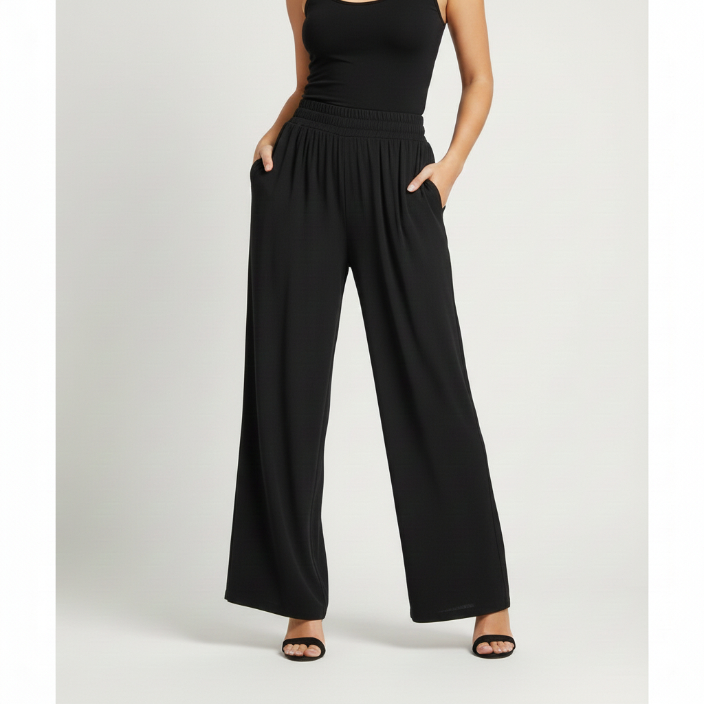 Calça Pantalona Feminina Tecido Duna Cintura Alta Com Elástico, Não Amassa, Tendência 2026, Plus Size