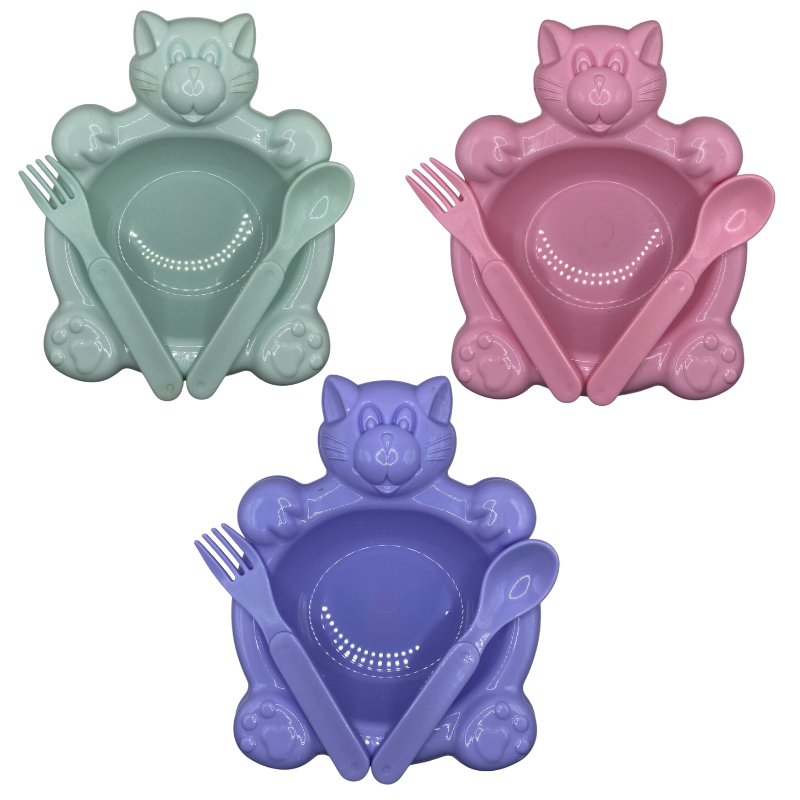 Pratinho Prato Kit de Crianças Bebês Meninos Meninas Colorido Garfo e Colher Plastico Gatinho