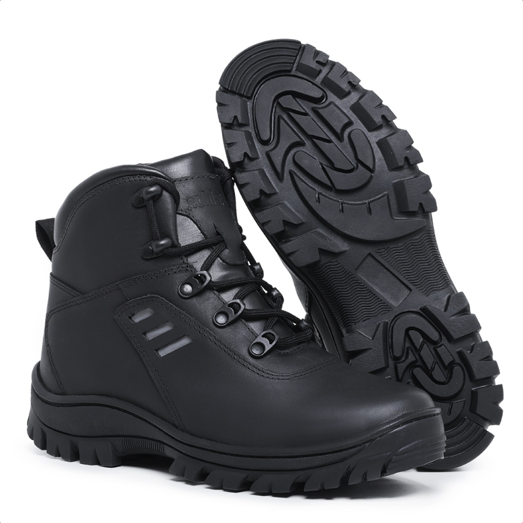 Bota Preta Masculina Coturno Militar Tático Cano Curto Em Couro Legítimo Com Palmilha Em Gel