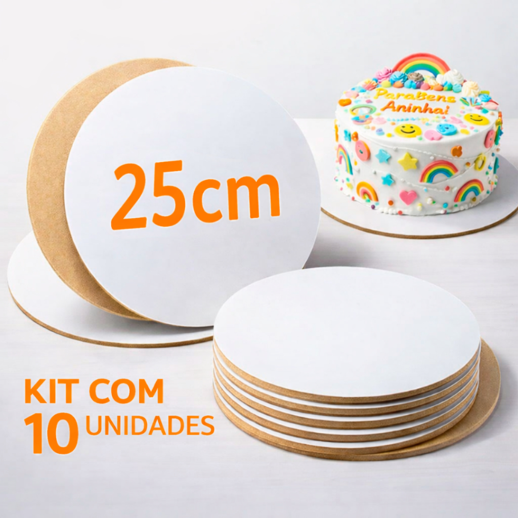 Kit 10 Cake Board MDF 25cm Redondo Branco Base Suporte Tabuleiro Prato para Bolo 3mm