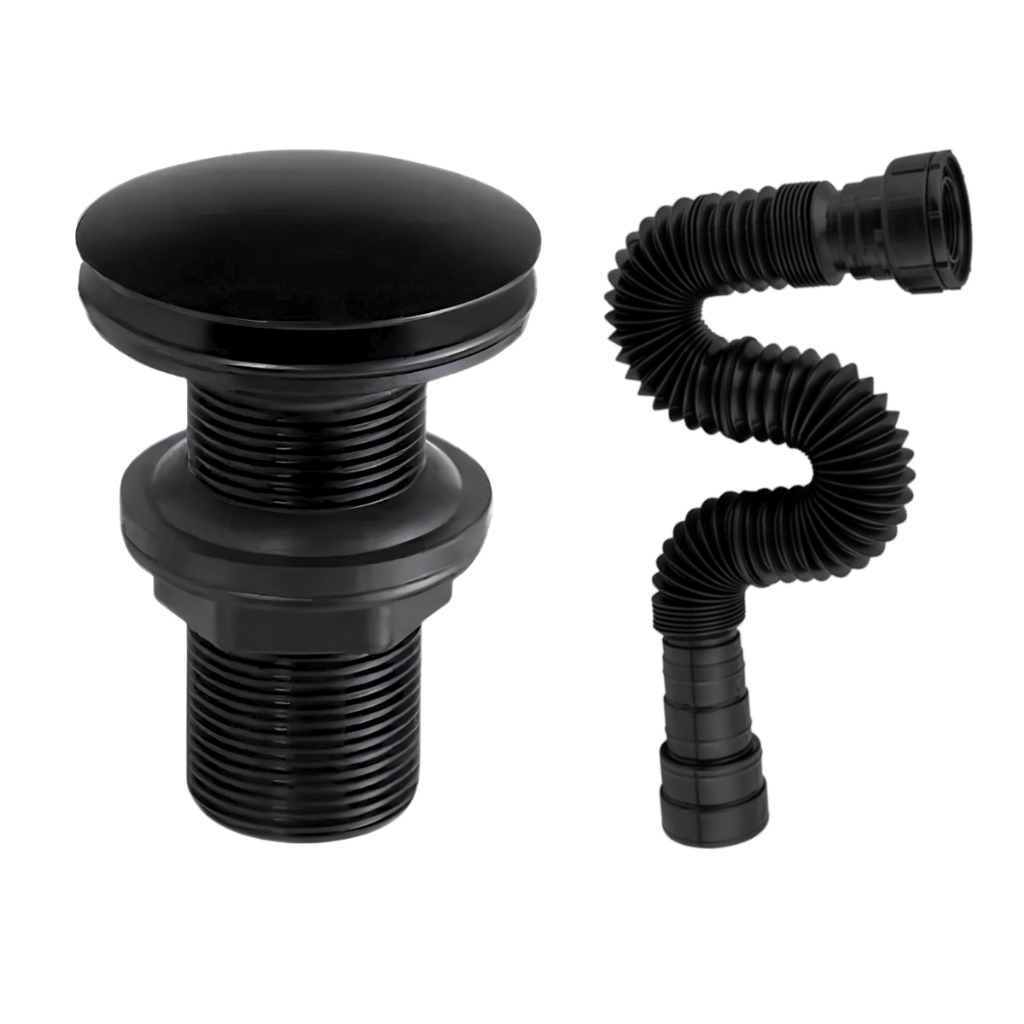 Válvula Para Pia Banheiro Modelo Click 7/8 Preto Fosco + Sifão Preto 70cm Encaixe Universal