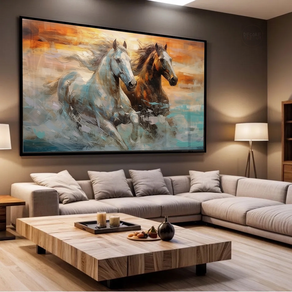 Quadro Duplas de Cavalo Correndo Dois Amigos Branco E Marrom Rustico Fazenda Haras Horizontal