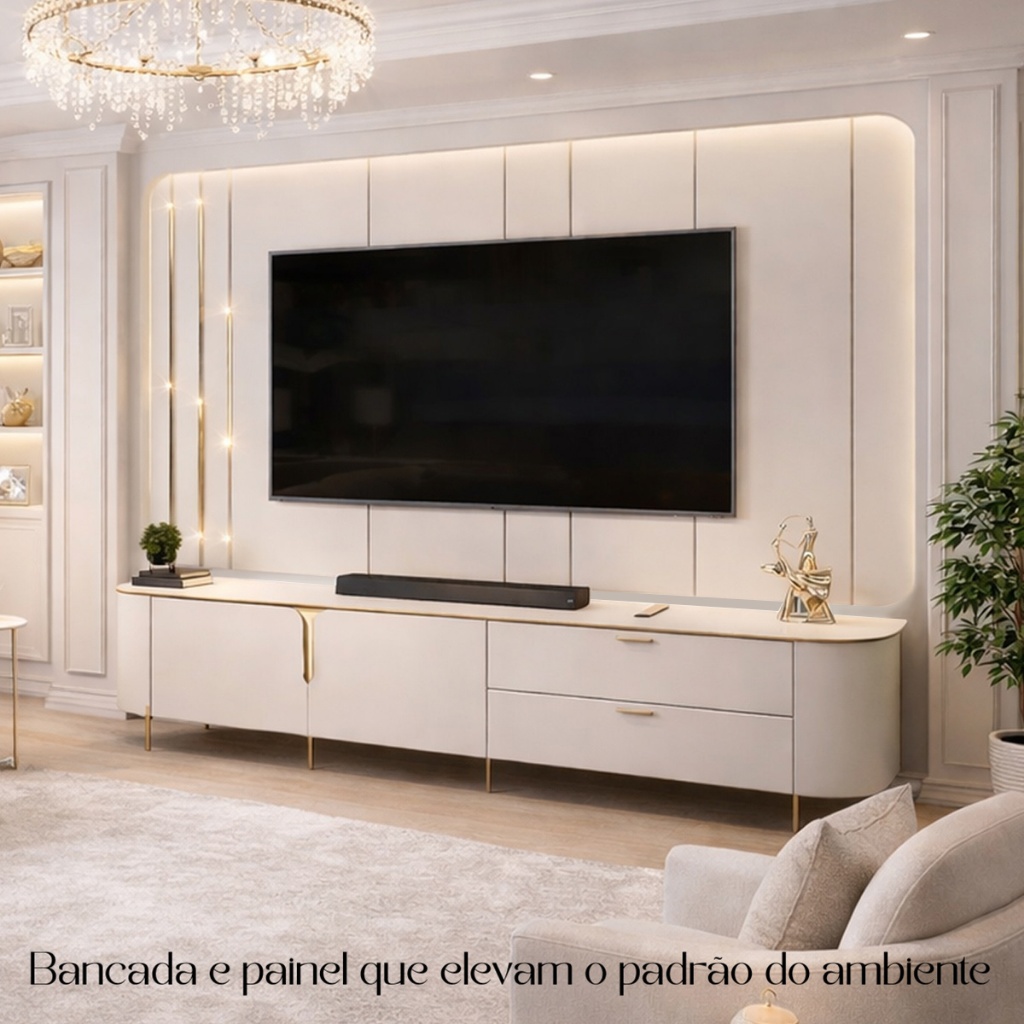 Painel com Bancada 241cm Avatar com LED e Detalhes Dourados para TV Até 75 Off White G18 - Gran Belo em Oferta na Shopee