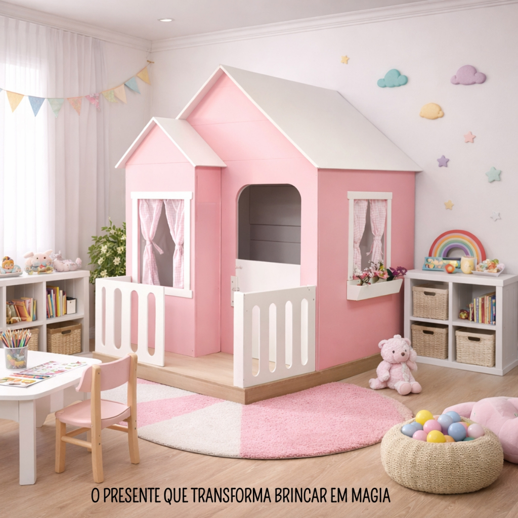 Casinha de Brinquedo Artesanal Janela Lateral Versátil com Cortinas MDF Rosa/Branco L12 - Gran Belo em Oferta na Shopee