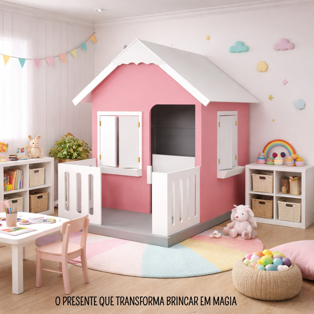 Casinha De Brinquedo Com Cercado Floreiros MDF Rosa/Branco L12 - Gran Belo em Oferta na Shopee