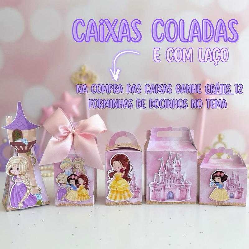 Caixinhas Personalizadas Princesas| Lembrancinha Princesas Personalizada com Nome – Caixa com Aplique 3D| Festa Infantil