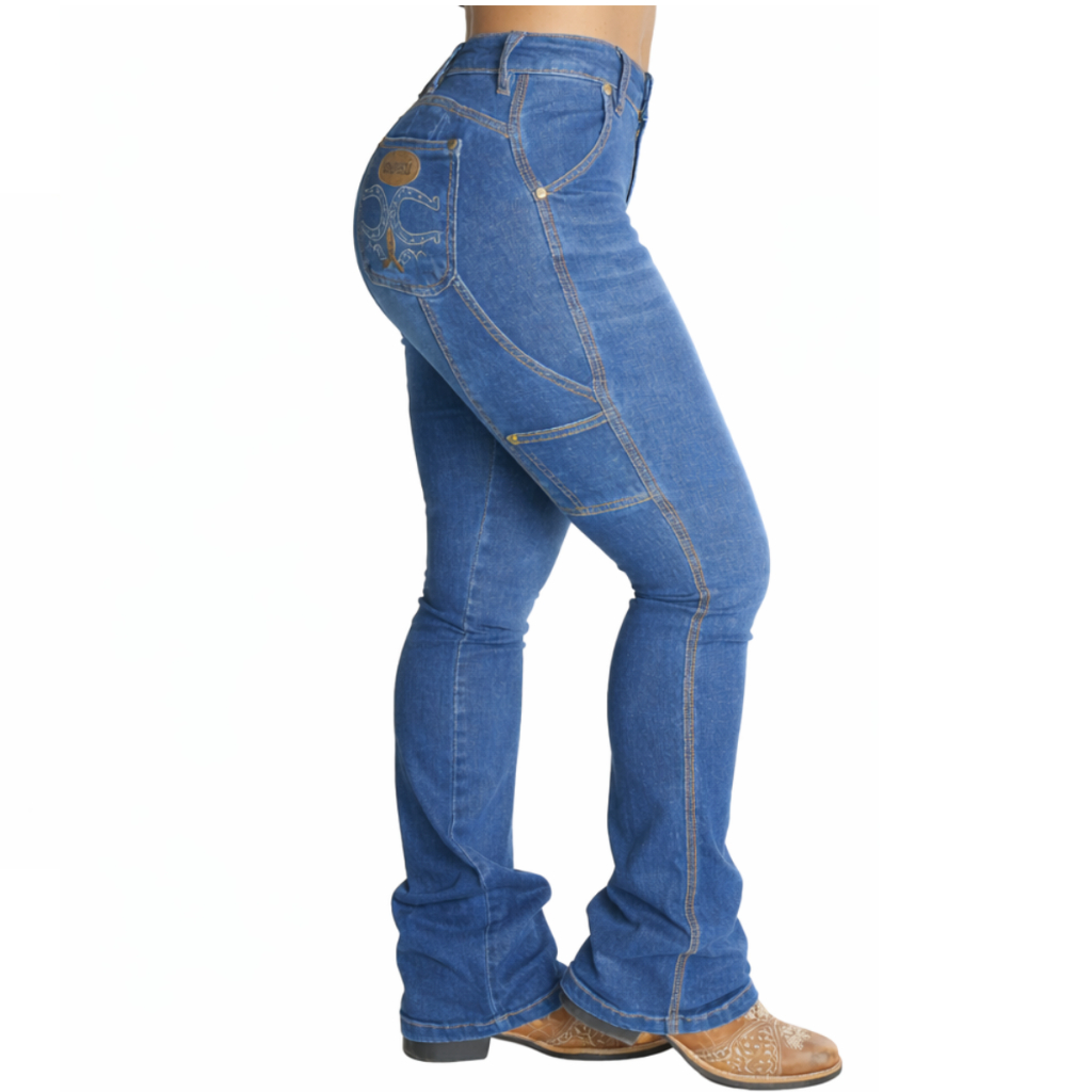 Calça Country Carpinteira Bordada Jeans Com Lycra Escura