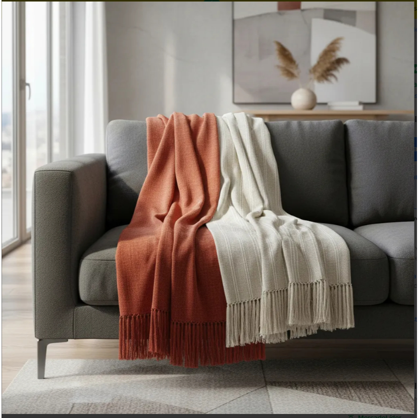 Kit 2 De Manta Para Sofá Terracota E Cru Luxo 1,20m X 1,80m 100% Algodão Tear Mineiro