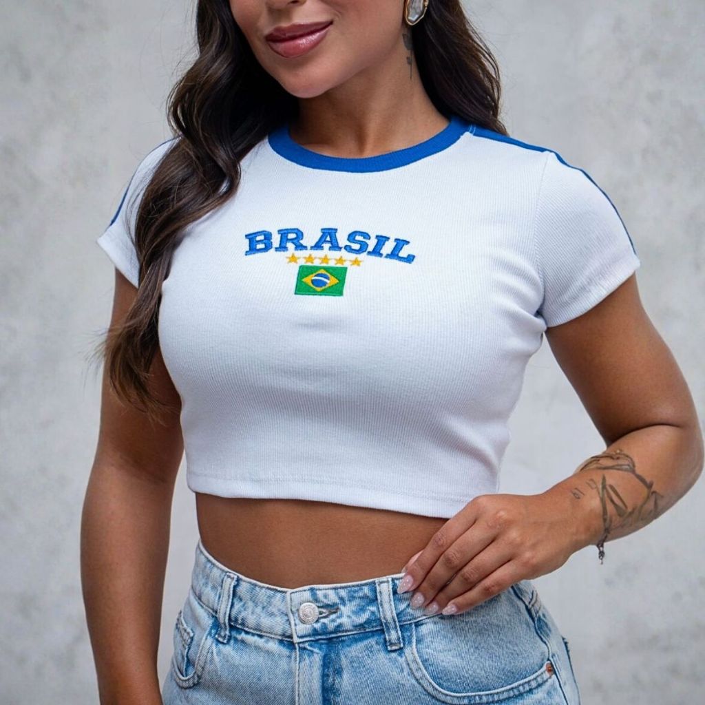 Cropped Brasil Branco Azul Manga Curta Canelado Ajustado Blusa Feminina Moda Verão Casual Esportiva Fashion