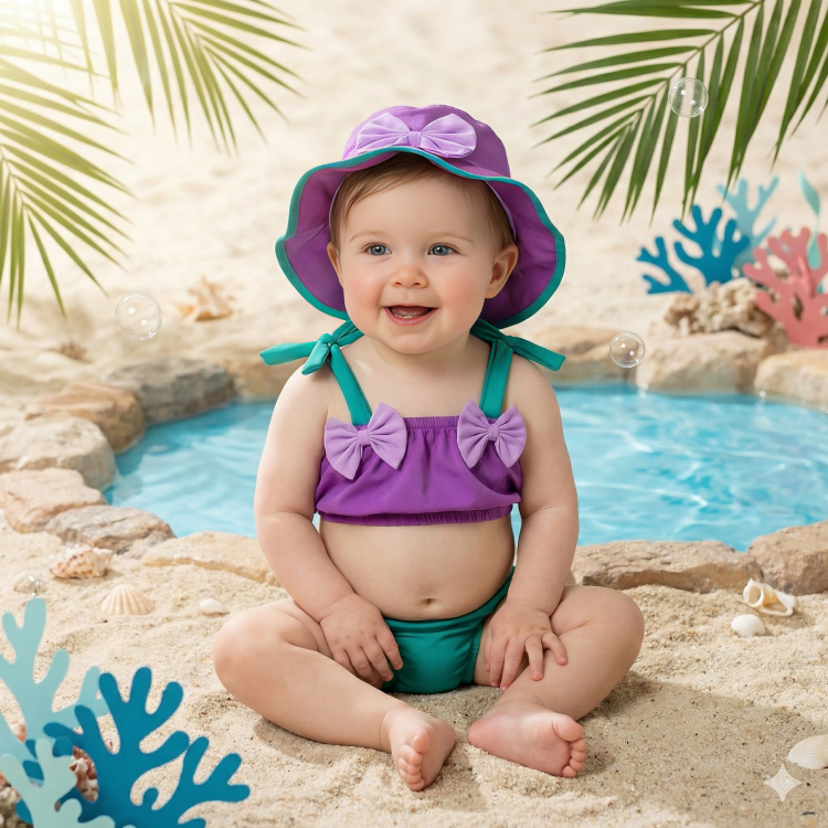 Banho de Sol Roupa Sereia Ariel Fantasia Carnaval Verão Fashion Vitamina D Conjunto Bebê Infantil