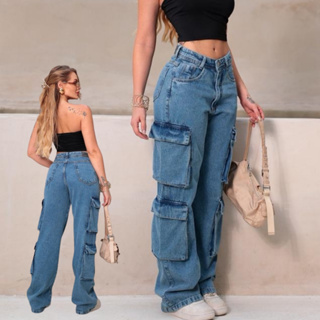 Calça Jeans Wide Leg Cargo Feminina 4 Bolsos Cintura Alta Tendencia 2026 em Oferta na Shopee