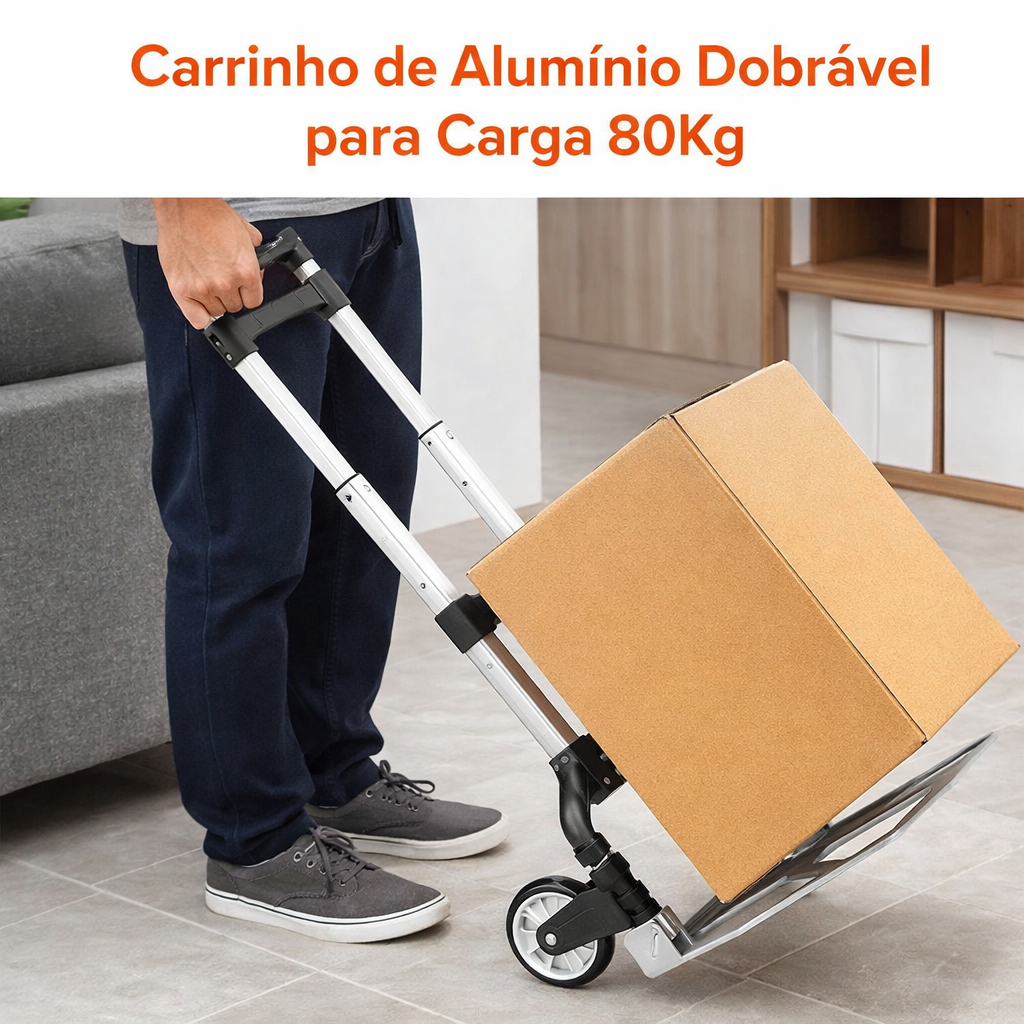 Carrinho de Alumínio Dobrável para Carga Carregar Caixas Compras Pesos Altura Regulável 80Kg