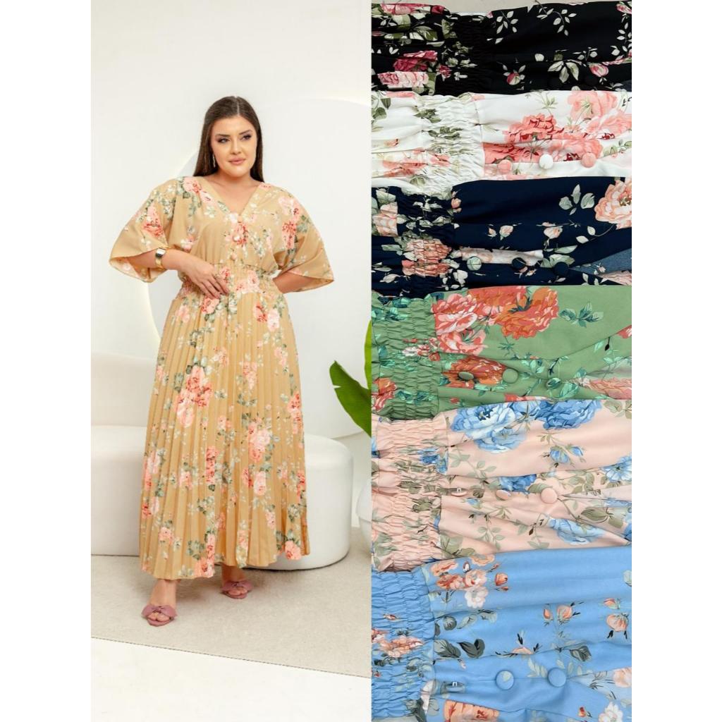Vestido Longuete  Plissado Floral Com Elático na Cintura Moda Evangélica 172 em Oferta na Shopee