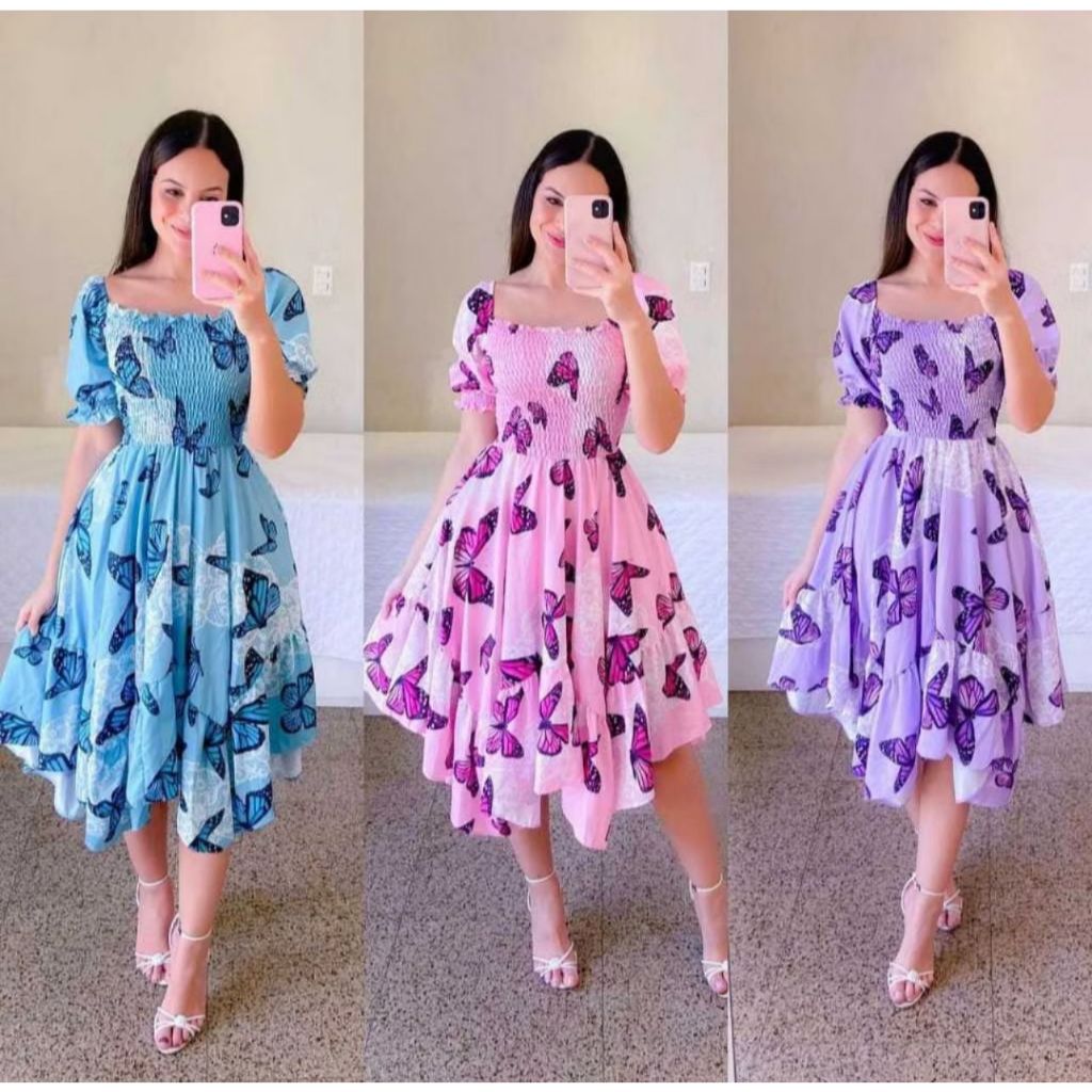 Vestido feminino midi luxo lastex moda evangélica com manga Bufante - REF 108