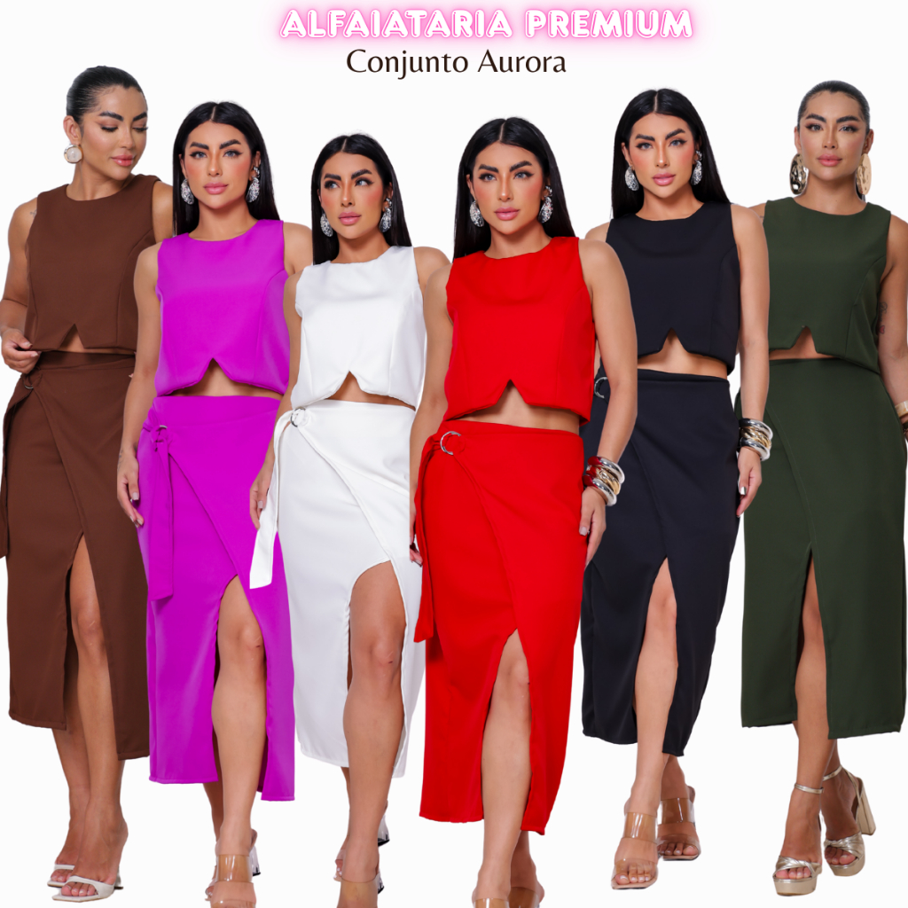 Conjunto Feminino Alfaiataria Cropped e Saia Midi Amarração Lateral Festas Primavera Verão Tedência em Oferta na Shopee