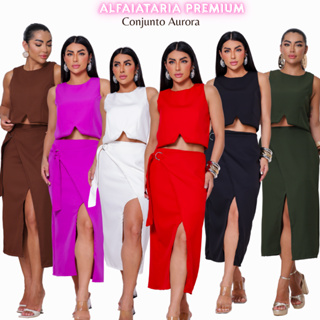 Conjunto Feminino Alfaiataria Cropped e Saia Midi Amarração Lateral Festas Primavera Verão Tedência em Oferta na Shopee
