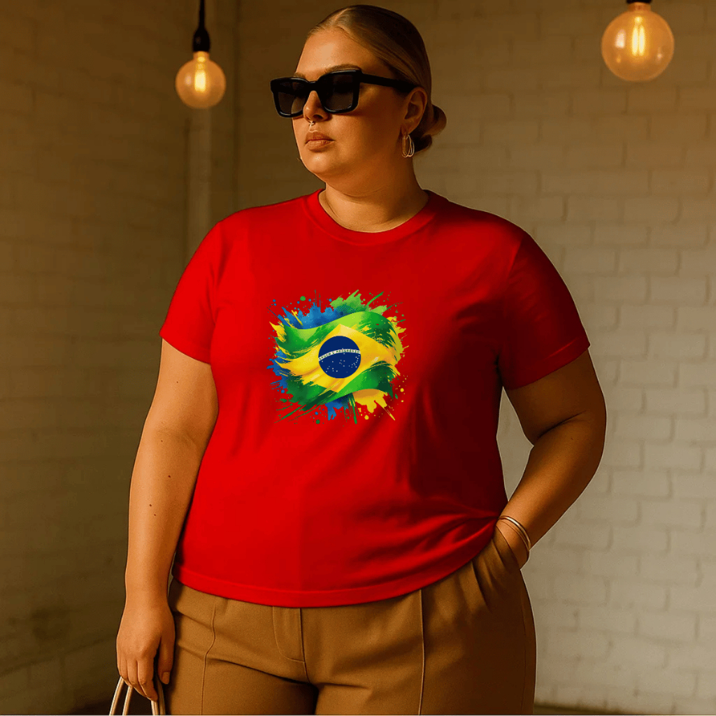 Camiseta Plus Size Feminina Estampada  Bandeira Brasil Copa 100% Algodão Premium Verão Academia Treino Blusa Camisa