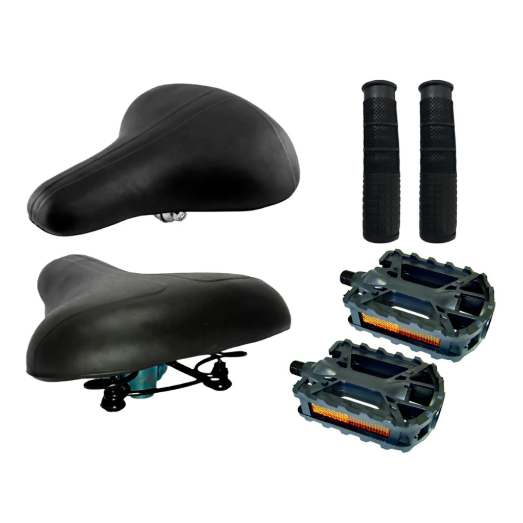 Kit Selim Banco Bike 2 Molas Confortavel + Par de Pedal Rosca Fina + Par de Manoplas Bicicleta