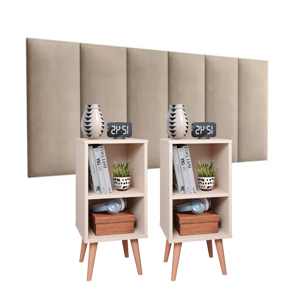 Conjunto cabeceira Queen 1,60 + kit com 2 mesa de cabeceira charme pés pvc e prateleira