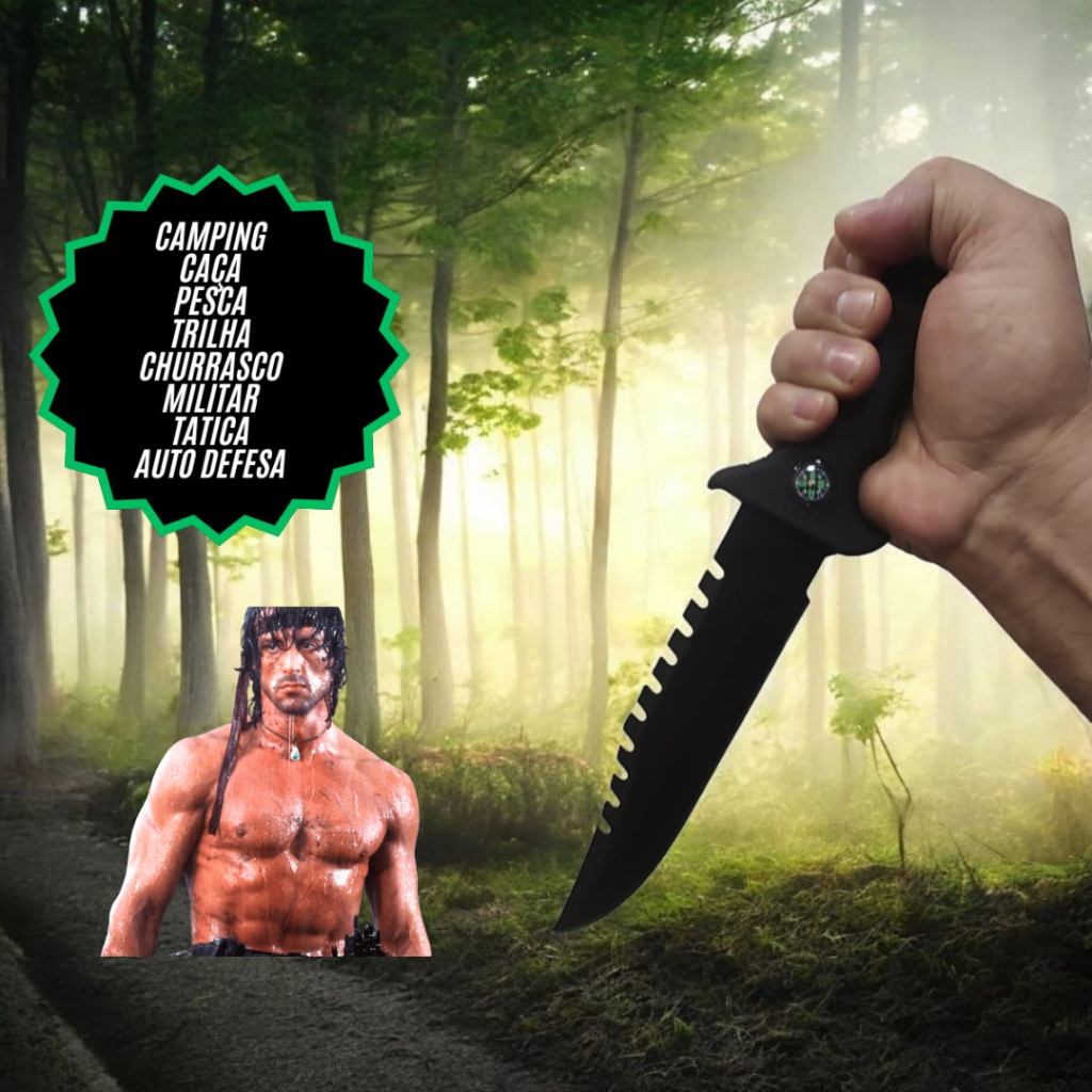 Faca Esportiva Com Bússola Rambo Tatica Black Caça Pesca Camping em Oferta na Shopee