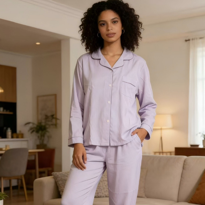 Conjunto de pijama feminino de luxoem algodão Cloud, manga comprida, duas peças, roupa de dormir confortável e elegante.