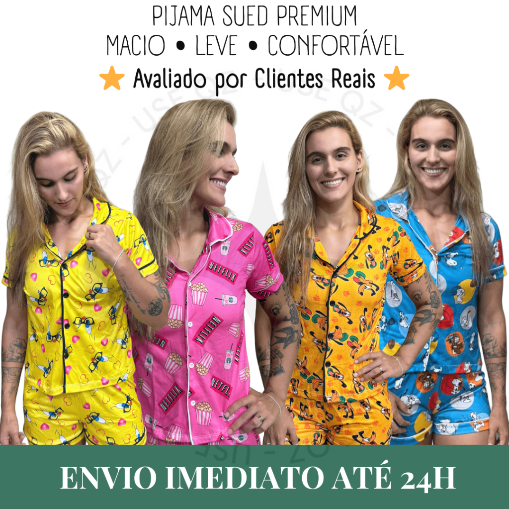 Kit Pijama Americano Feminino Sued Premium | Botões | Estampas Sortidas | Kit 1 a 3 Unidades em Oferta na Shopee