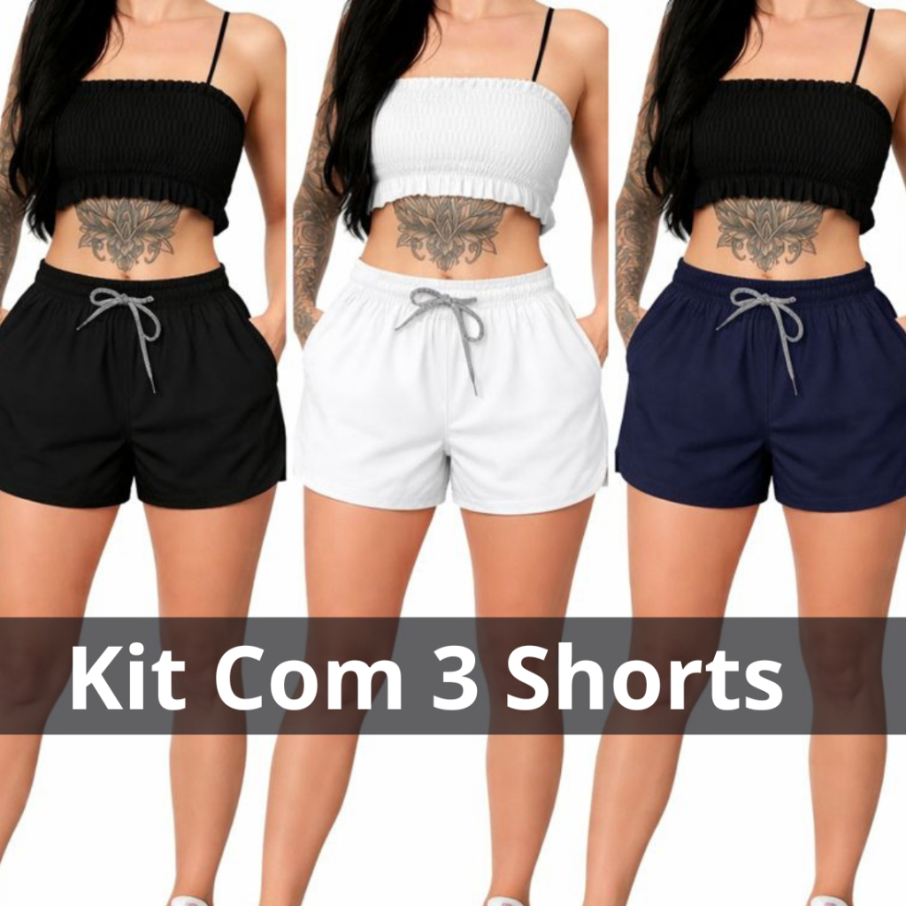 kit 3 short feminino soltinho shorts saida de praia academia piscina corrida tactel com elastano