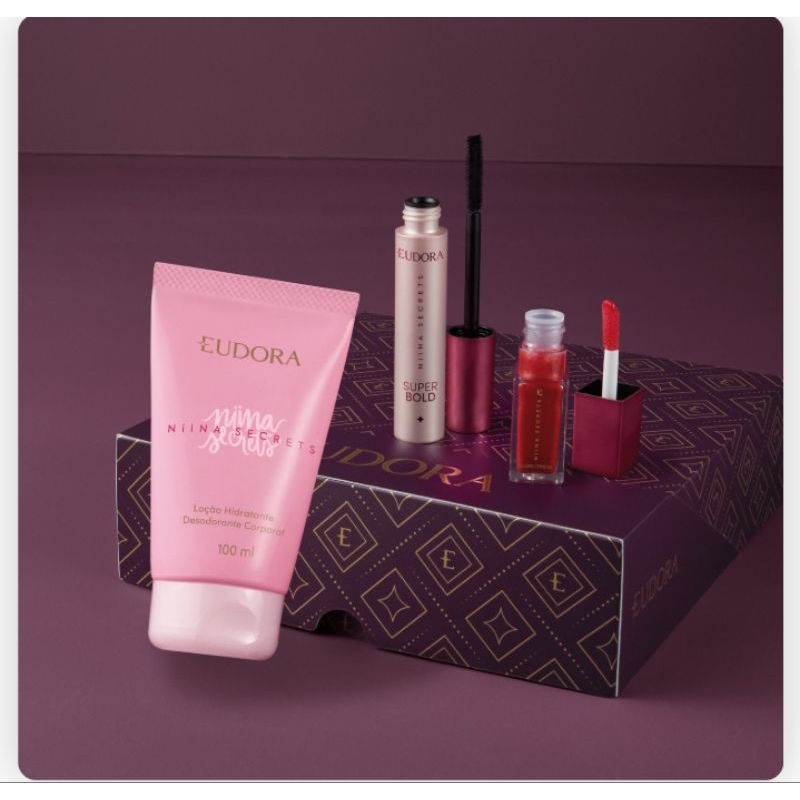 Kit Presente Eudora Nina Secrets Loção Iluminadora Hidratante Corporal 100ml /Gloss Crystal 7ml /Máscara Cílios 10g