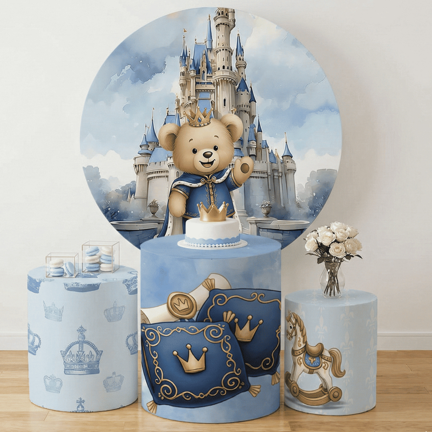 Capa Painel Redondo Urso Príncipe Realeza Festa Infantil + 3 Capas Cilindros com Elástico Lançamento