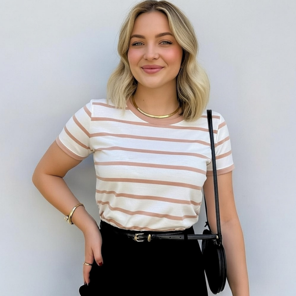 Blusa TShirt  babylook Listrada com casual Listras Básicas Moda Feminina em Oferta na Shopee