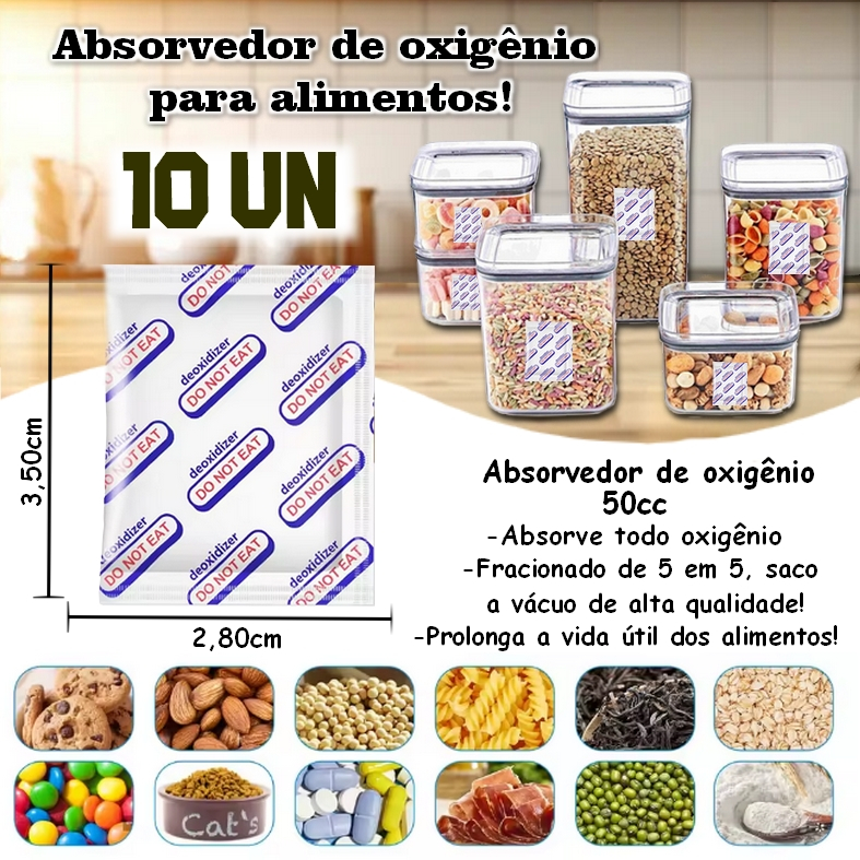 ABSORVEDOR DE OXIGÊNIO 50CC até 500ml, kit c/ 10un fracionado com 5un. em Oferta na Shopee