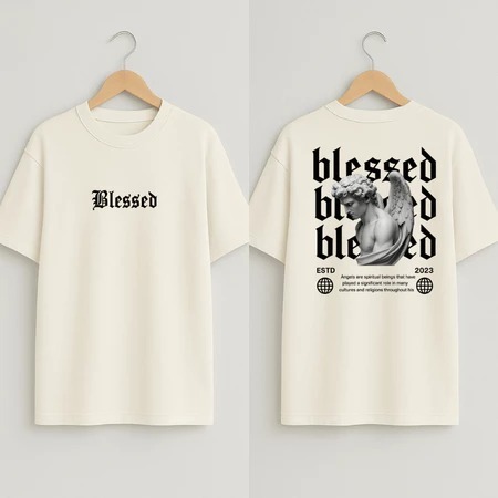 Camiseta Oversized Blusa 100% Algodão Feminina Blessed Estampa Frente e Costas Streetwear Moda Urbana Casual