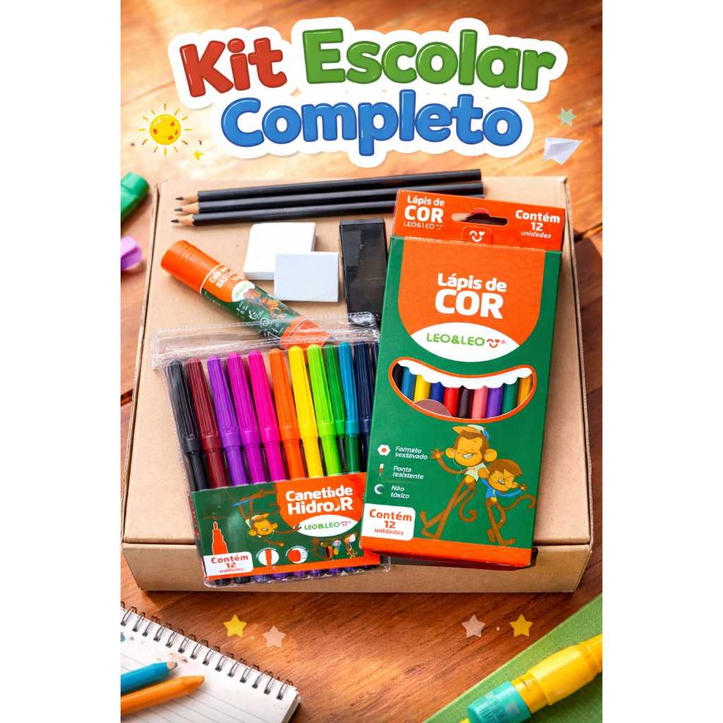 Kit escolar básico completo - Volta às aulas - Lápis, borracha, apontador, cola, canetinha, lápis de cor