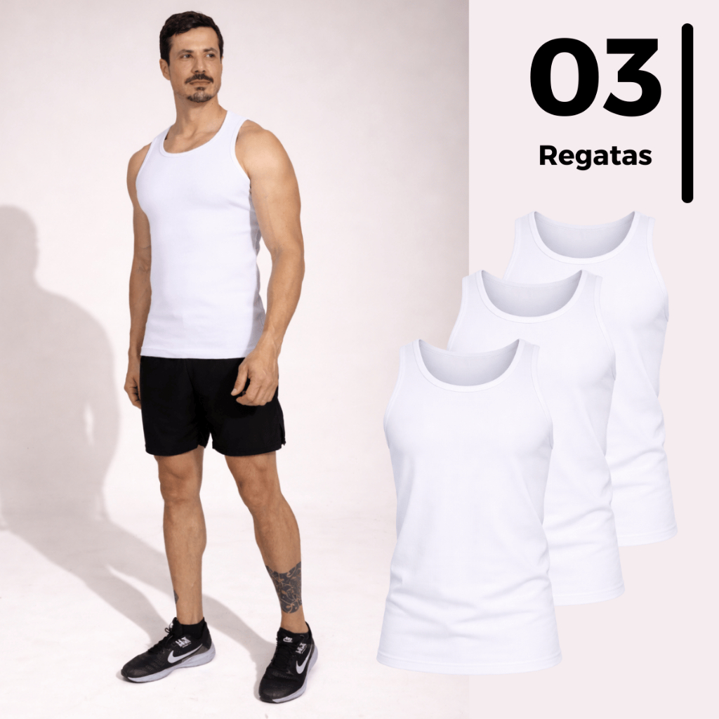 Kit 3 Regata Masculina Básica Americana Lisa Canelada Para Treino Slim Básica Algodão Academia Malha