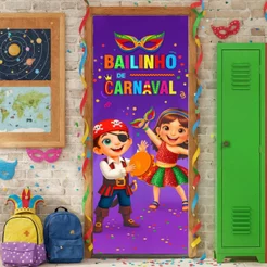 Capa de Porta Decorativa Escolar Bailinho de Carnaval Sublimada Em Tecido Retangular C/ Elástico