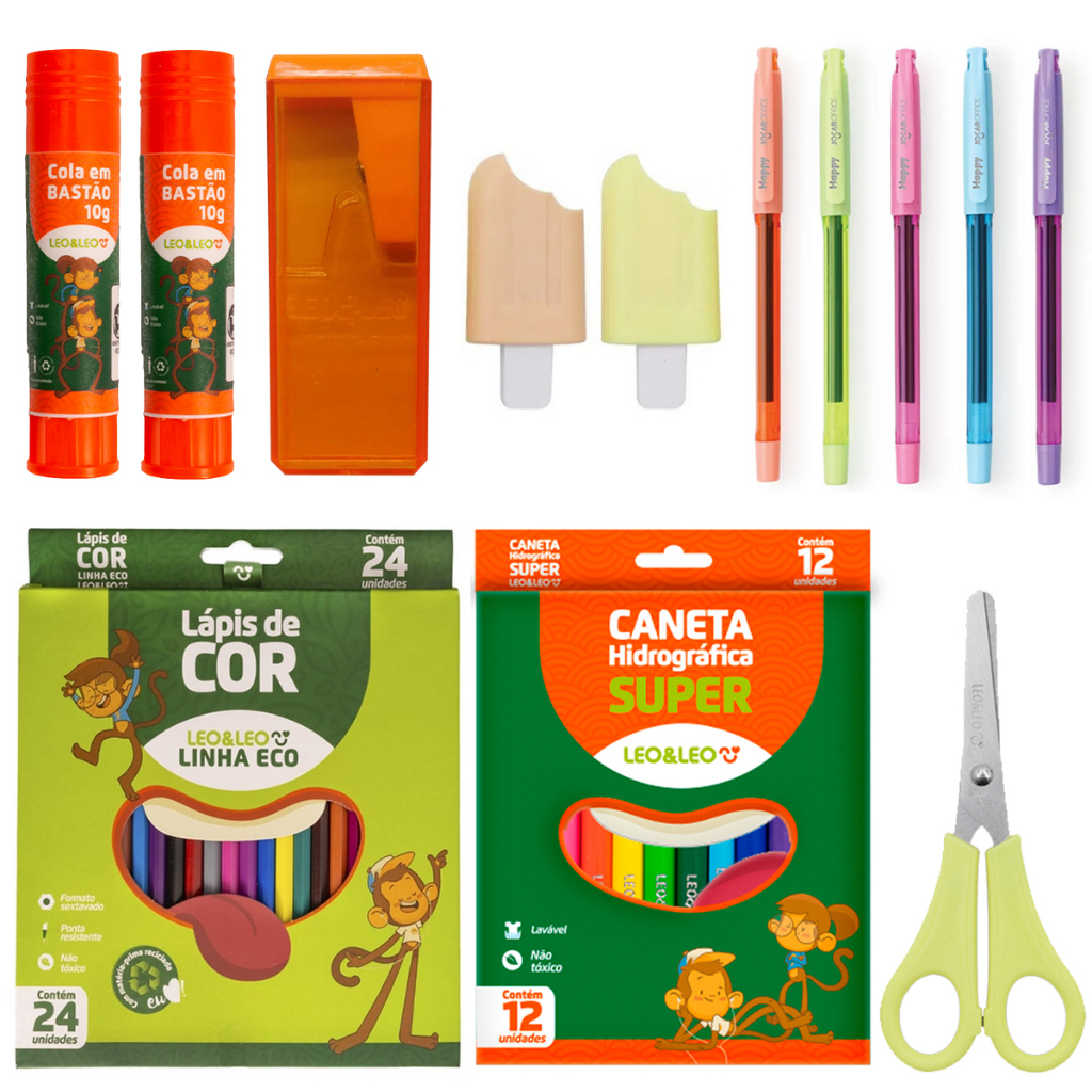 Leo e Leo Kit Material Escolar Caneta Gel Lápis de Cor Marca Texto Cola Bastão Tesoura