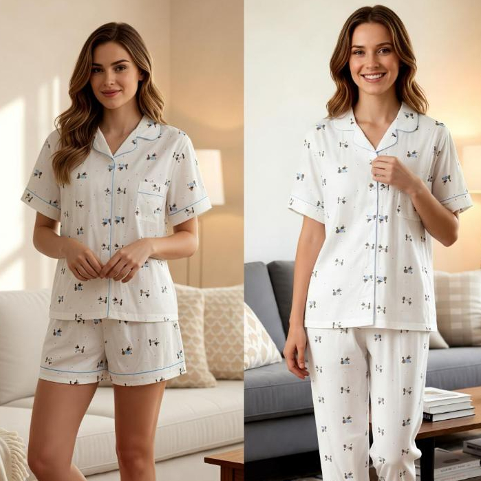 Pijama Feminino 3 Peças Verão Estampado | Estilo Blogueira | Calça + Shorts + Blusa Confortável