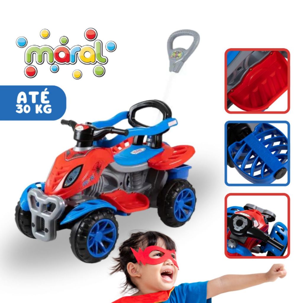 Carrinho de Passeio Quadriciclo Infantil Maral Com Pedal Buzina  e Empurrador Motoquinha Spider