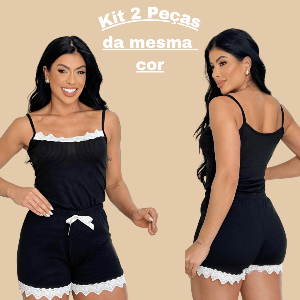 Kit 2 Pijamas Baby Doll Sexy Short Doll Feminino Detalhe de Renda Luxo Premium